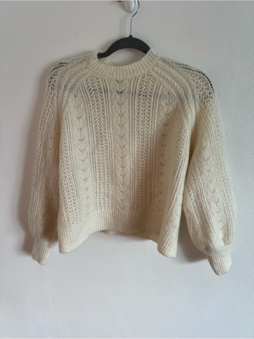 Sezane Scarlett Jumper Cream Cable-Knit Puff-Sleeve Sweater - Picture 4 of 7